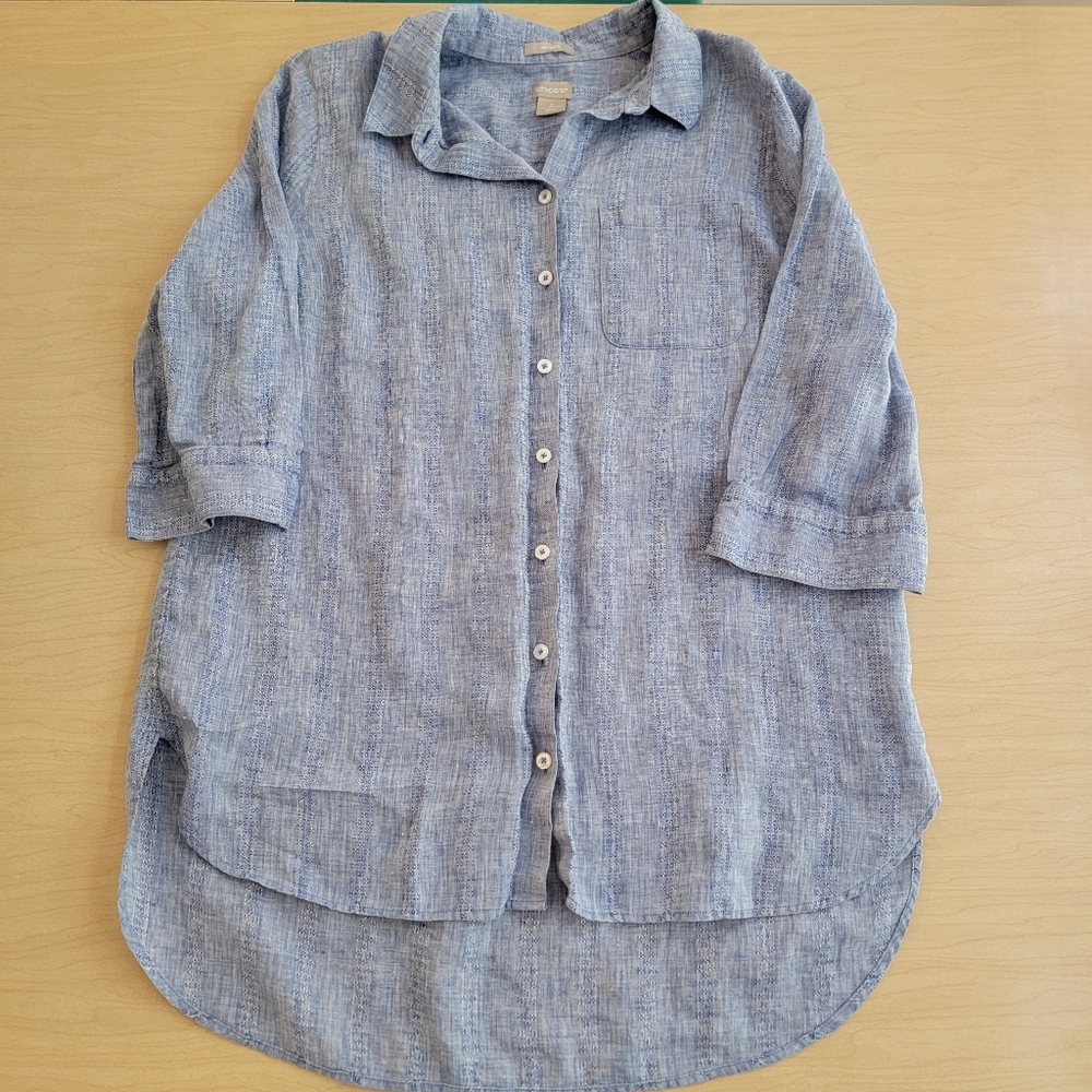 Chico's Linen No Iron Light Blue Button-Down Shirt Women's Size 2